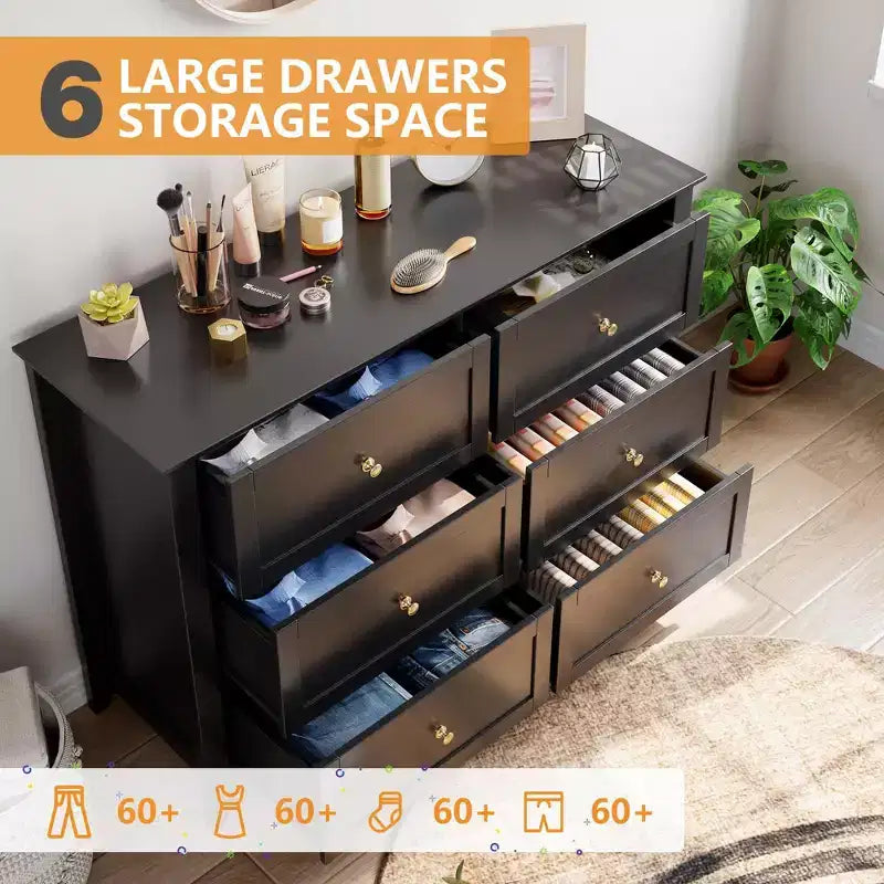Commode à 6 tiroirs pour chambre à coucher, lot de 2 commodes de style rustique en bois pour vêtements, commodes de rangement avec poignées et tiroirs profonds