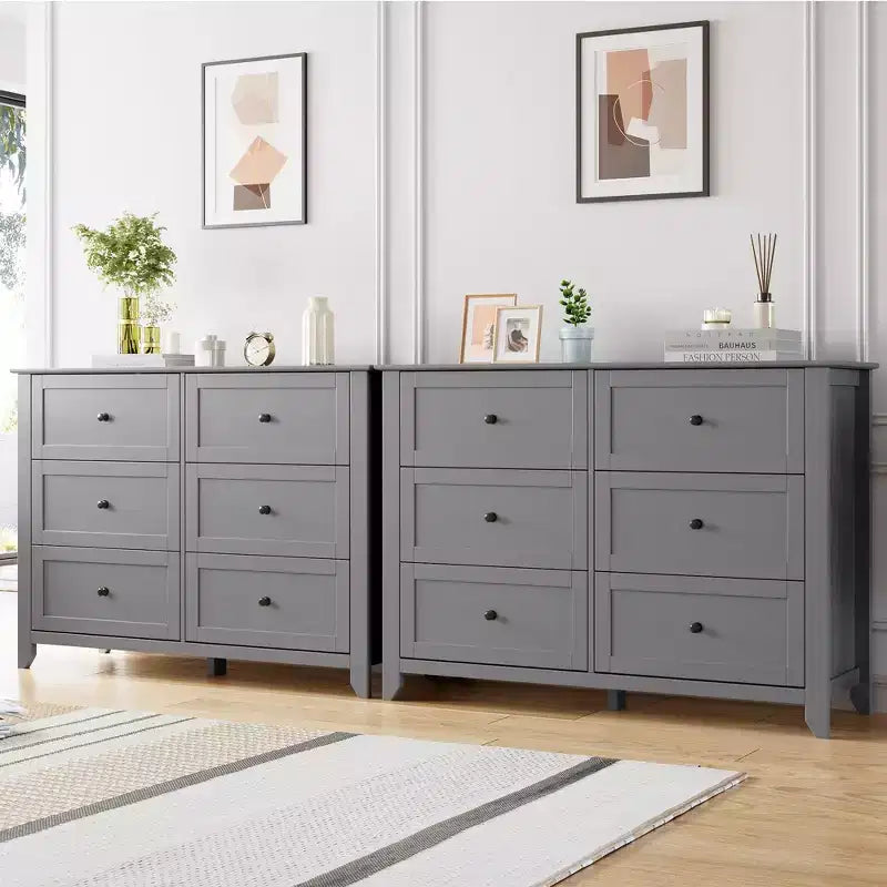 Commode à 6 tiroirs pour chambre à coucher, lot de 2 commodes de style rustique en bois pour vêtements, commodes de rangement avec poignées et tiroirs profonds