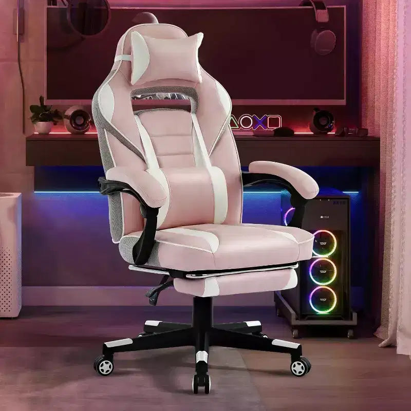 Chaise de jeu ergonomique, chaise d'ordinateur en PU à dossier haut, repose-pieds rétractable, réglable en hauteur, support lombaire et appui-tête réglables, chaise de bureau pivotante