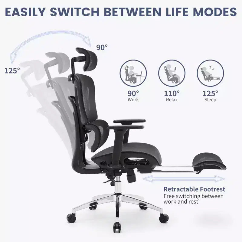 Chaise de bureau ergonomique inclinable en maille à dossier haut avec repose-pieds, soutien lombaire dynamique - Fauteuil de bureau pivotant pour la maison et le jeu, noir
