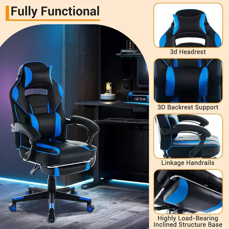 Chaise de jeu ergonomique Acekool pour adultes, cuir PU, massage lombaire, repose-pieds, réglable, pour bureau ou jeu
