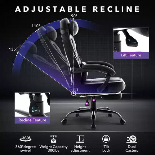 Chaise de jeu ergonomique Acekool pour adultes, cuir PU, massage lombaire, repose-pieds, réglable, pour bureau ou jeu