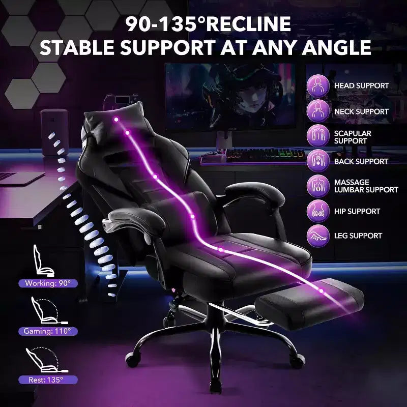 Chaise de jeu ergonomique Acekool pour adultes, cuir PU, massage lombaire, repose-pieds, réglable, pour bureau ou jeu