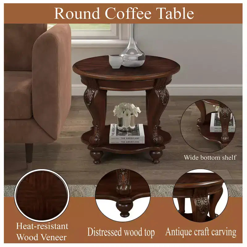 Table d'appoint ronde rétro de 56 cm, table basse en bois massif avec étagère, table d'angle pour salon, montage facile