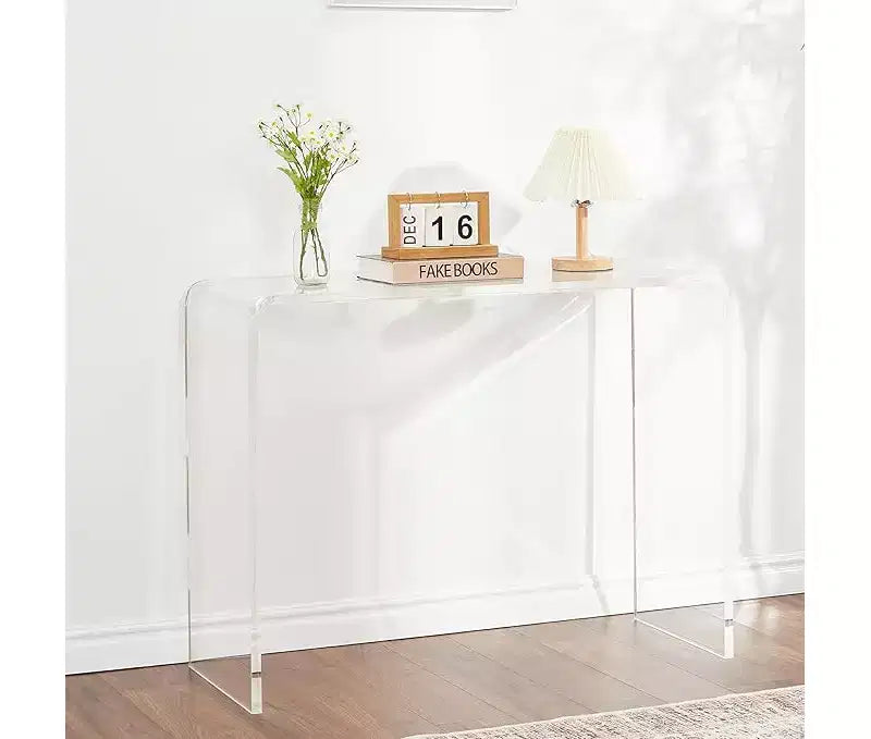 Console fine en acrylique pour entrées – Table transparente à 2 niveaux avec pieds carrés, parfaite pour les couloirs, les halls d'entrée, les salons et derrière les canapés