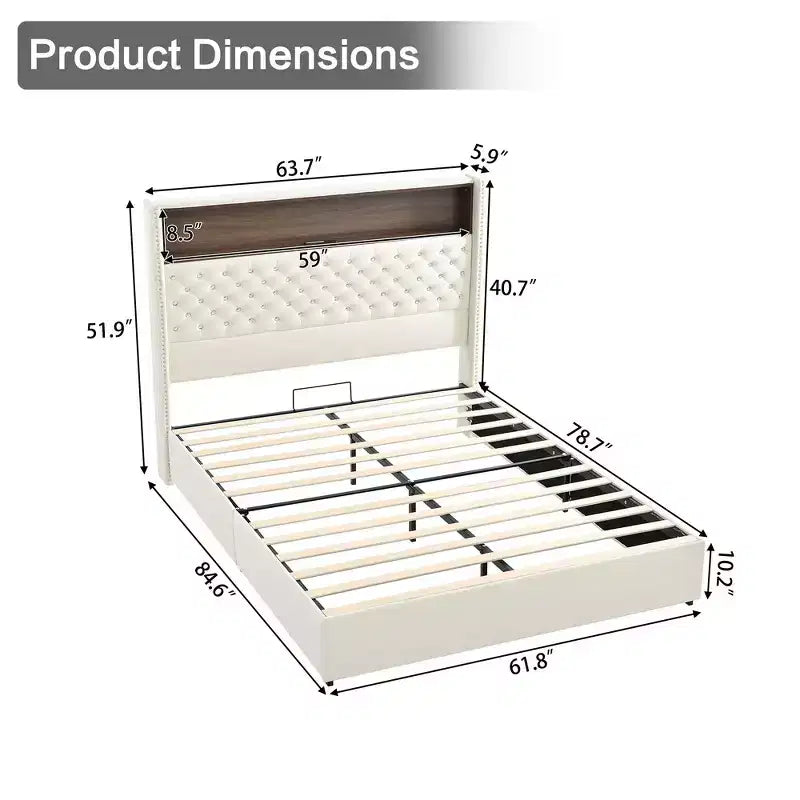 Cadre de lit capitonné en velours Whisen Queen Size, lit plateforme à oreilles, tête de lit haute de 52 pouces avec décoration rivetée, étagère de tête de lit