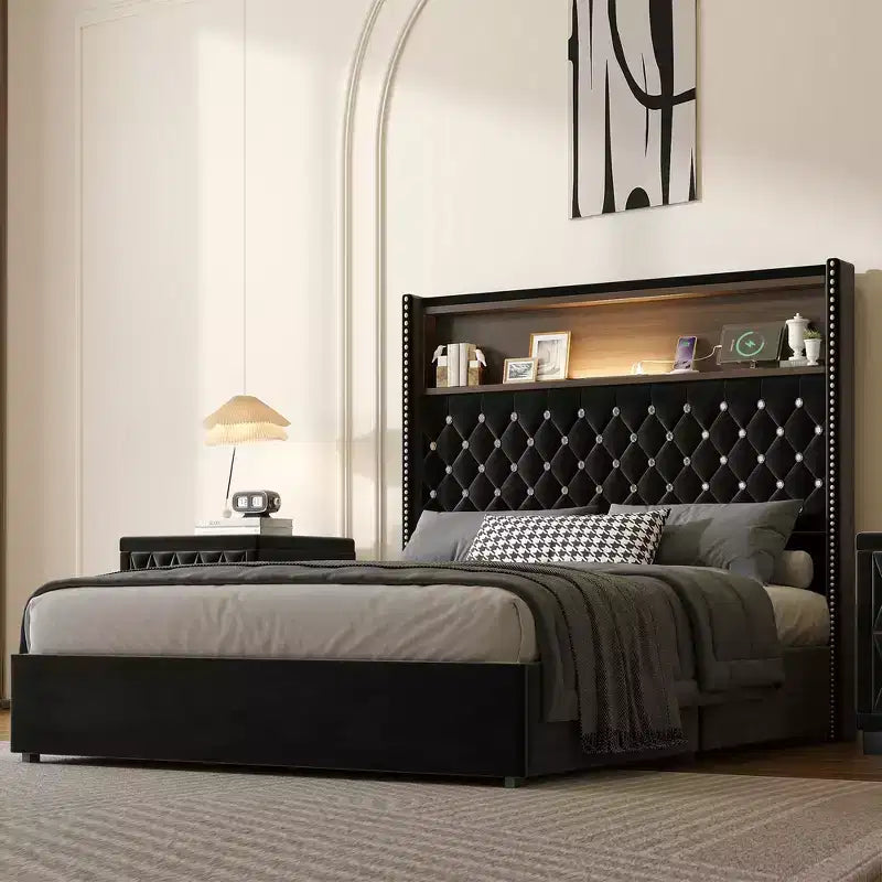 Cadre de lit capitonné en velours Whisen Queen Size, lit plateforme à oreilles, tête de lit haute de 52 pouces avec décoration rivetée, étagère de tête de lit