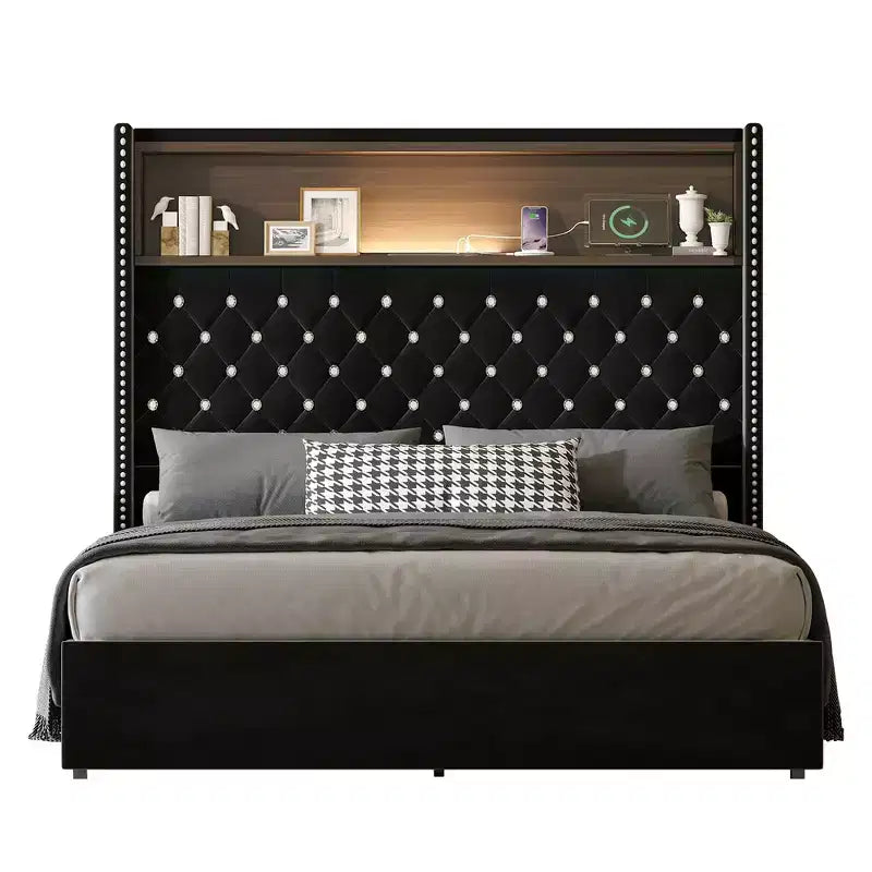 Cadre de lit capitonné en velours Whisen Queen Size, lit plateforme à oreilles, tête de lit haute de 52 pouces avec décoration rivetée, étagère de tête de lit