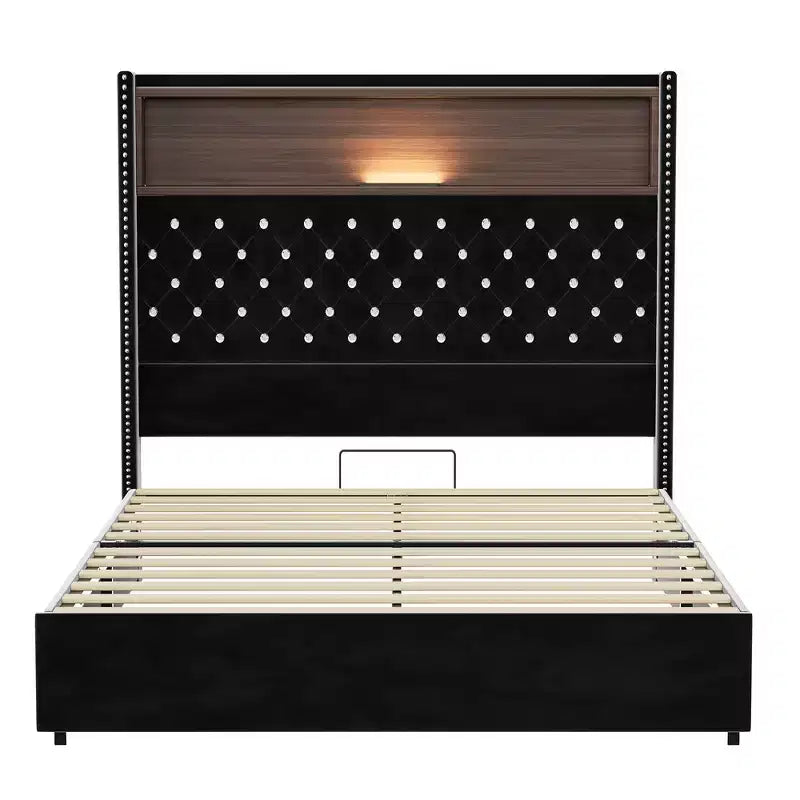 Cadre de lit capitonné en velours Whisen Queen Size, lit plateforme à oreilles, tête de lit haute de 52 pouces avec décoration rivetée, étagère de tête de lit