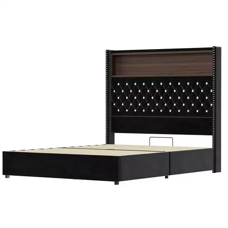 Cadre de lit capitonné en velours Whisen Queen Size, lit plateforme à oreilles, tête de lit haute de 52 pouces avec décoration rivetée, étagère de tête de lit