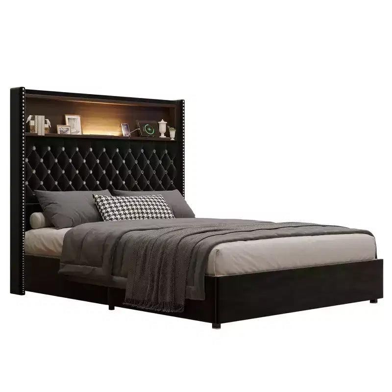 Cadre de lit capitonné en velours Whisen Queen Size, lit plateforme à oreilles, tête de lit haute de 52 pouces avec décoration rivetée, étagère de tête de lit