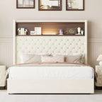 Cadre de lit capitonné en velours Whisen Queen Size, lit plateforme à oreilles, tête de lit haute de 52 pouces avec décoration rivetée, étagère de tête de lit