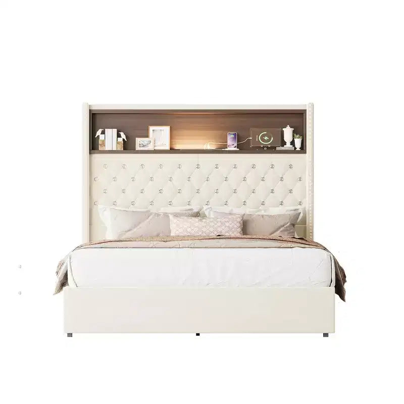 Cadre de lit capitonné en velours Whisen Queen Size, lit plateforme à oreilles, tête de lit haute de 52 pouces avec décoration rivetée, étagère de tête de lit
