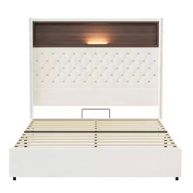 Cadre de lit capitonné en velours Whisen Queen Size, lit plateforme à oreilles, tête de lit haute de 52 pouces avec décoration rivetée, étagère de tête de lit