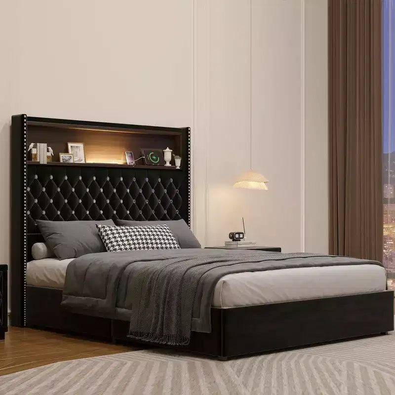 Cadre de lit capitonné en velours Whisen Queen Size, lit plateforme à oreilles, tête de lit haute de 52 pouces avec décoration rivetée, étagère de tête de lit