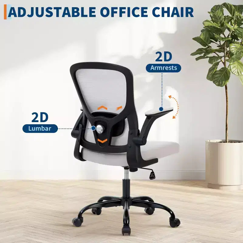Fauteuil de bureau ergonomique haut de gamme en maille grise - Hauteur réglable, accoudoirs relevables et support lombaire - Siège pivotant confortable pour la maison, le jeu et le travail