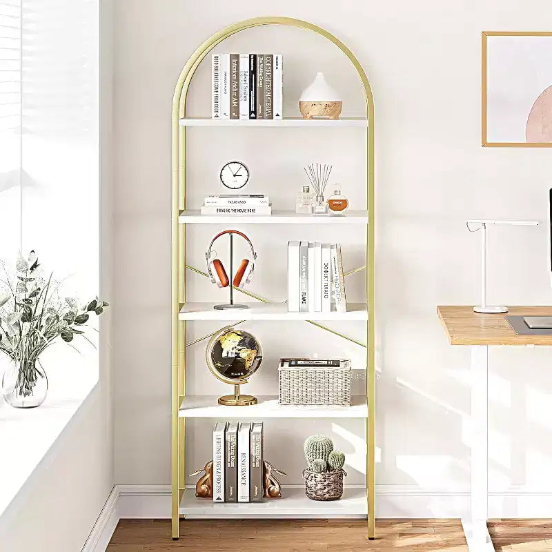 2 bibliothèques à 5 niveaux cintrées avec cadre en métal, étagère de rangement verticale haute pour chambre, salon, bureau à domicile, blanc et or