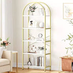 2 bibliothèques à 5 niveaux cintrées avec cadre en métal, étagère de rangement verticale haute pour chambre, salon, bureau à domicile, blanc et or