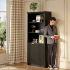 Bibliothèque haute de 71 po avec portes cannelées, étagères de présentation à 5 niveaux avec armoire de rangement et étagère réglable, bibliothèques modernes du milieu du siècle