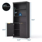 Bibliothèque haute de 71 po avec portes cannelées, étagères de présentation à 5 niveaux avec armoire de rangement et étagère réglable, bibliothèques modernes du milieu du siècle