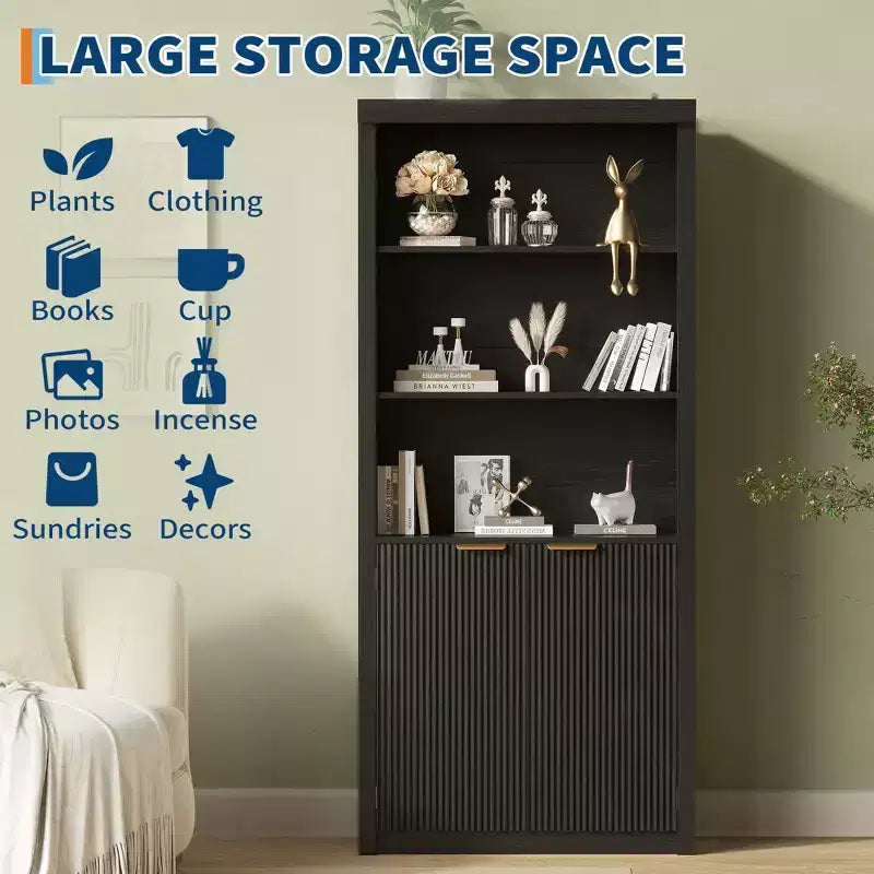 Bibliothèque haute de 71 po avec portes cannelées, étagères de présentation à 5 niveaux avec armoire de rangement et étagère réglable, bibliothèques modernes du milieu du siècle