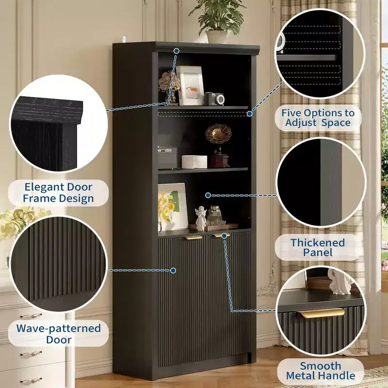 Bibliothèque haute de 71 po avec portes cannelées, étagères de présentation à 5 niveaux avec armoire de rangement et étagère réglable, bibliothèques modernes du milieu du siècle