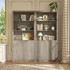 Bibliothèque haute de 71 po avec portes cannelées, étagères de présentation à 5 niveaux avec armoire de rangement et étagère réglable, bibliothèques modernes du milieu du siècle