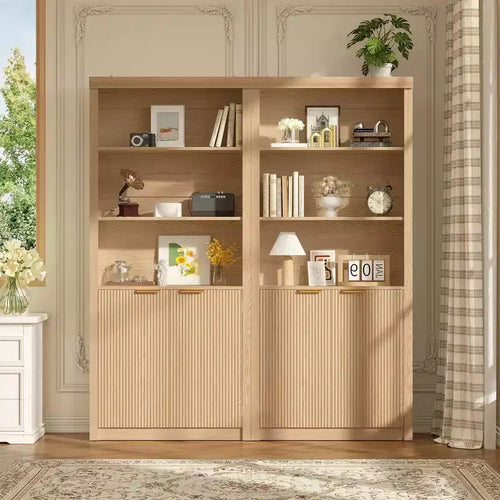 Bibliothèque haute de 71 po avec portes cannelées, étagères de présentation à 5 niveaux avec armoire de rangement et étagère réglable, bibliothèques modernes du milieu du siècle