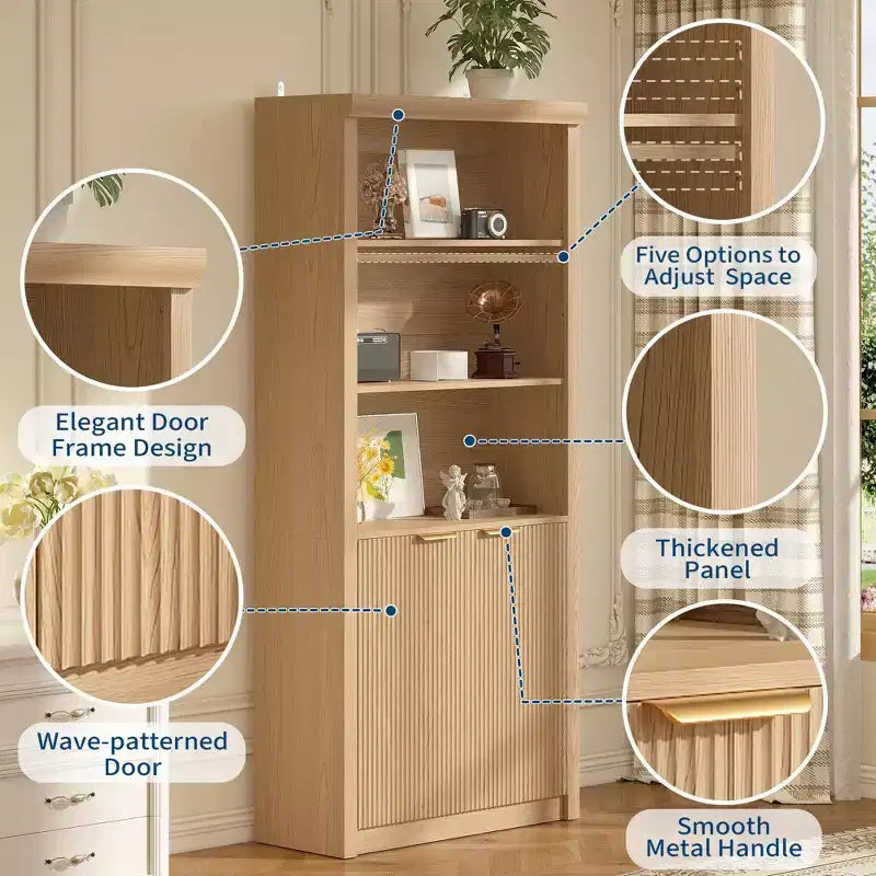 Bibliothèque haute de 71 po avec portes cannelées, étagères de présentation à 5 niveaux avec armoire de rangement et étagère réglable, bibliothèques modernes du milieu du siècle