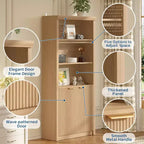 Bibliothèque haute de 71 po avec portes cannelées, étagères de présentation à 5 niveaux avec armoire de rangement et étagère réglable, bibliothèques modernes du milieu du siècle