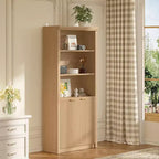 Bibliothèque haute de 71 po avec portes cannelées, étagères de présentation à 5 niveaux avec armoire de rangement et étagère réglable, bibliothèques modernes du milieu du siècle