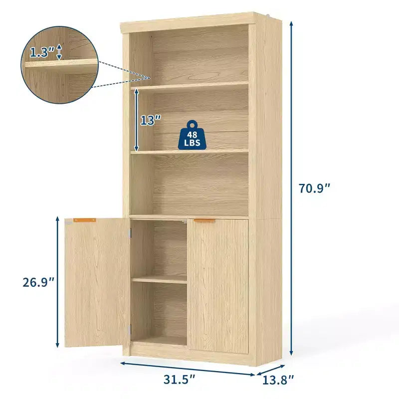 Bibliothèque haute de 71 po avec portes cannelées, étagères de présentation à 5 niveaux avec armoire de rangement et étagère réglable, bibliothèques modernes du milieu du siècle