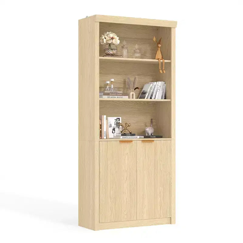 71 Tall Bookshelf with Fluted Doors, 5 Tier Bookcase Display Shelves with Storage Cabinet & Adjustable Shelf, Mid-Century Modern Bookshelves