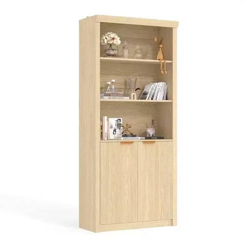 71 Tall Bookshelf with Fluted Doors, 5 Tier Bookcase Display Shelves with Storage Cabinet & Adjustable Shelf, Mid-Century Modern Bookshelves