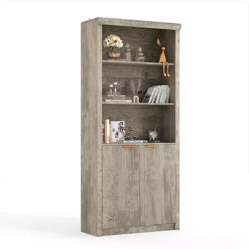 Bibliothèque haute de 71 po avec portes cannelées, étagères de présentation à 5 niveaux avec armoire de rangement et étagère réglable, bibliothèques modernes du milieu du siècle
