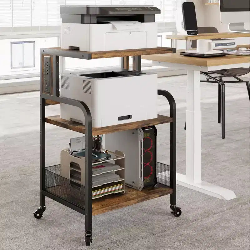 Dessert de rangement roulant à 3 niveaux robuste pour imprimante, chariot de bureau mobile industriel avec étagères de rangement réglables, roulettes verrouillables