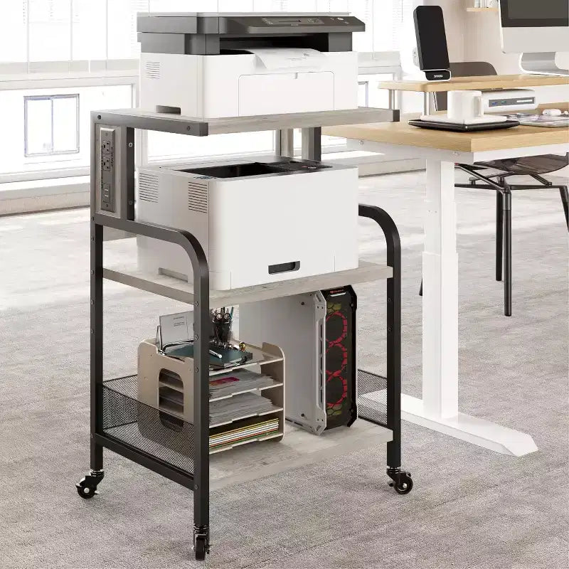 Dessert de rangement roulant à 3 niveaux robuste pour imprimante, chariot de bureau mobile industriel avec étagères de rangement réglables, roulettes verrouillables