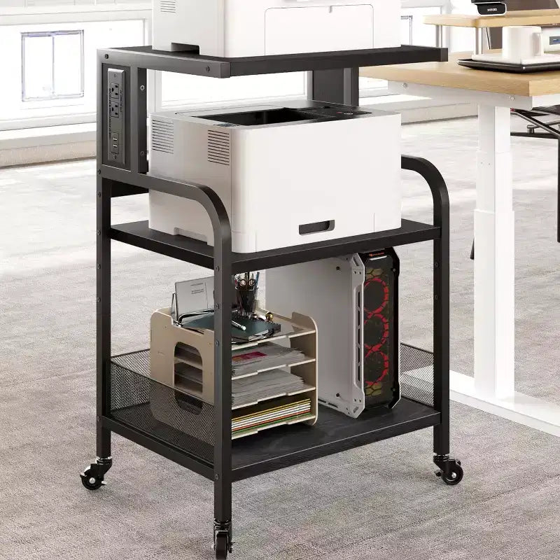 Dessert de rangement roulant à 3 niveaux robuste pour imprimante, chariot de bureau mobile industriel avec étagères de rangement réglables, roulettes verrouillables