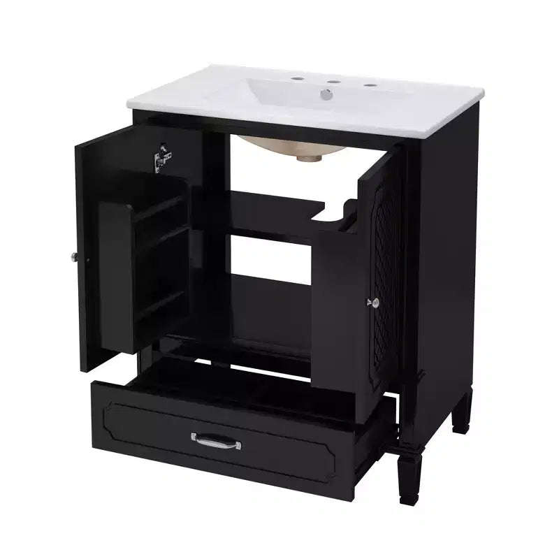 Meuble de salle de bain 76 cm avec lavabo intégré, Meuble de rangement de salle de bain avec tiroirs et étagère de porte, Meuble de salle de bain simple vasque