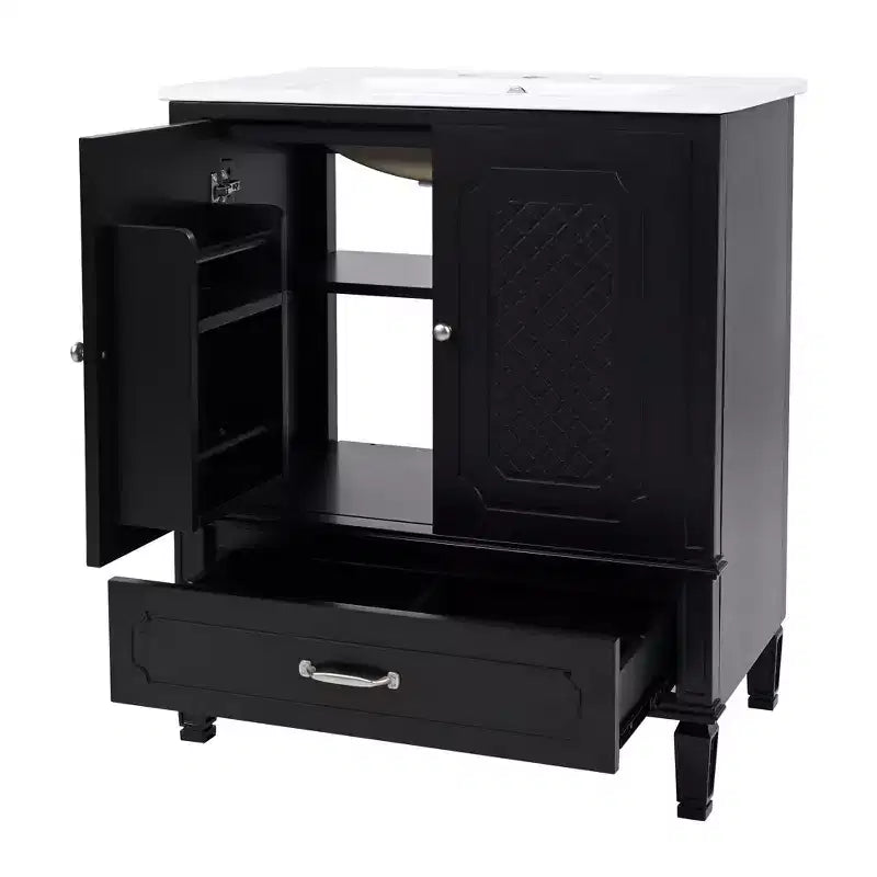 Meuble de salle de bain 76 cm avec lavabo intégré, Meuble de rangement de salle de bain avec tiroirs et étagère de porte, Meuble de salle de bain simple vasque