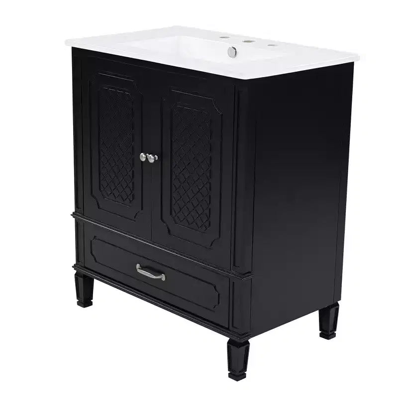Meuble de salle de bain 76 cm avec lavabo intégré, Meuble de rangement de salle de bain avec tiroirs et étagère de porte, Meuble de salle de bain simple vasque