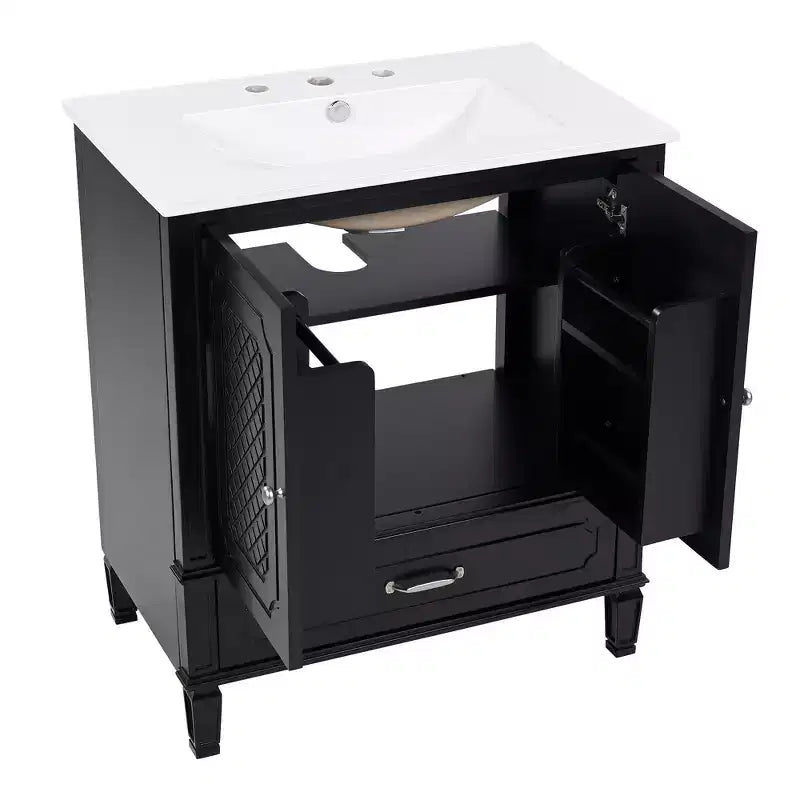Meuble de salle de bain 76 cm avec lavabo intégré, Meuble de rangement de salle de bain avec tiroirs et étagère de porte, Meuble de salle de bain simple vasque