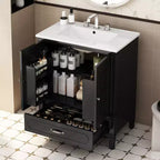 Meuble de salle de bain 76 cm avec lavabo intégré, Meuble de rangement de salle de bain avec tiroirs et étagère de porte, Meuble de salle de bain simple vasque
