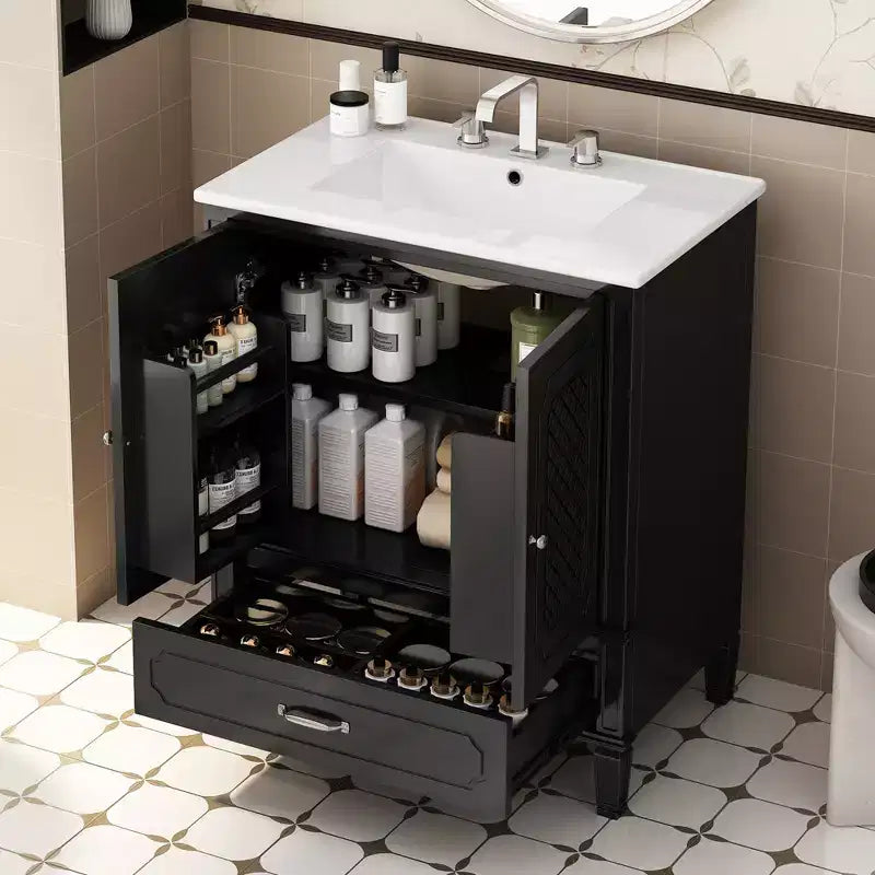 Meuble de salle de bain 76 cm avec lavabo intégré, Meuble de rangement de salle de bain avec tiroirs et étagère de porte, Meuble de salle de bain simple vasque