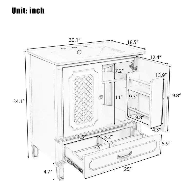 Meuble de salle de bain 76 cm avec lavabo intégré, Meuble de rangement de salle de bain avec tiroirs et étagère de porte, Meuble de salle de bain simple vasque