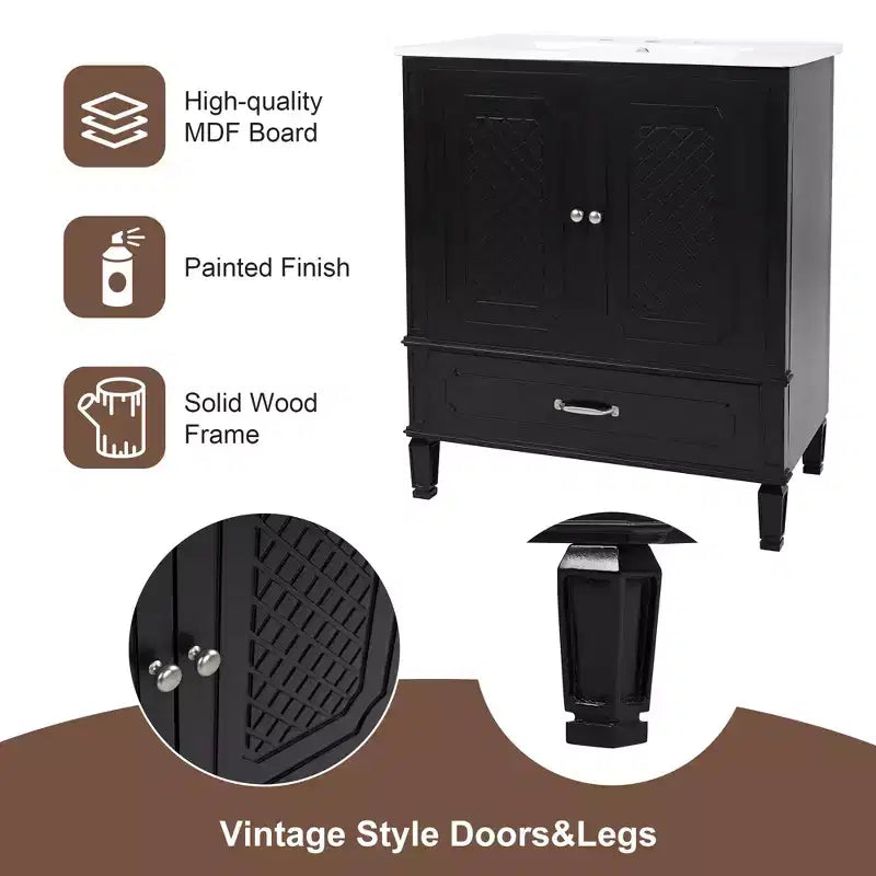 Meuble de salle de bain 76 cm avec lavabo intégré, Meuble de rangement de salle de bain avec tiroirs et étagère de porte, Meuble de salle de bain simple vasque