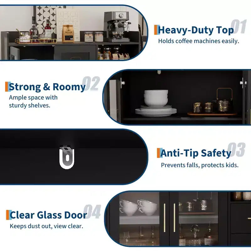Meuble à vin - Station de café-bar, Meuble à liqueur de grande capacité avec tiroirs, Portes doubles en verre durables et conception anti-basculement