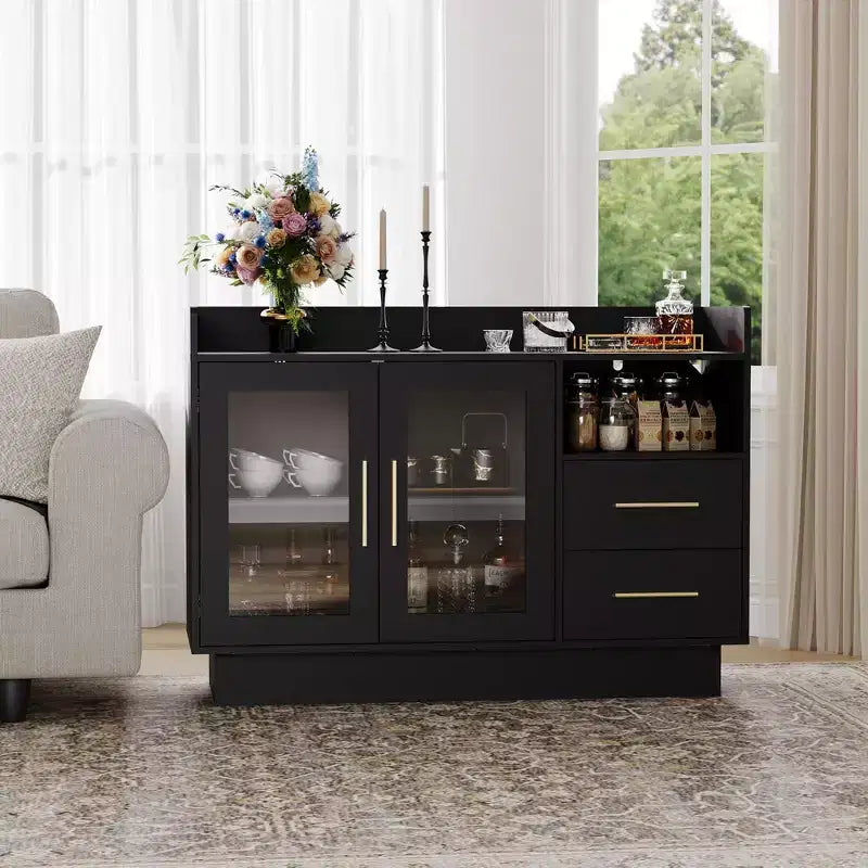 Meuble à vin - Station de café-bar, Meuble à liqueur de grande capacité avec tiroirs, Portes doubles en verre durables et conception anti-basculement