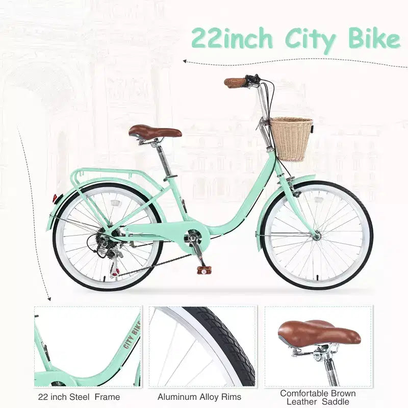 Vélo de route 22", cadre acier 13", cruiser de ville 7 vitesses avec freins doubles et panier, vélo de ville pour hommes et femmes, cyclisme en extérieur