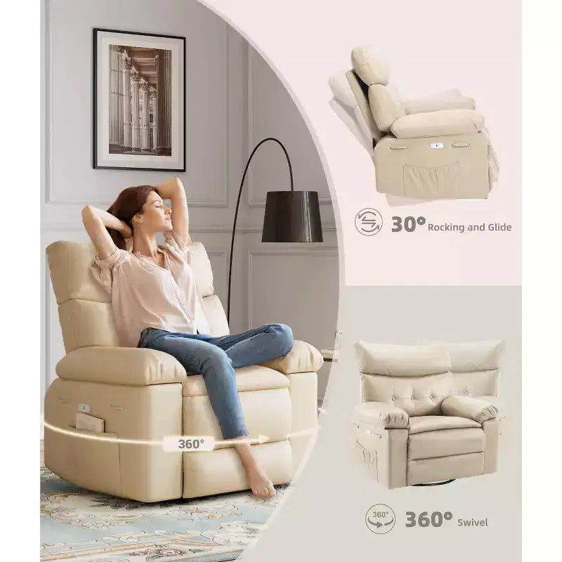 Fauteuil inclinable électrique pivotant à bascule avec massage, fauteuil de salon surdimensionné en cuir PU, fauteuil de canapé confortable, fauteuil inclinable électrique pour salon, chambre à coucher